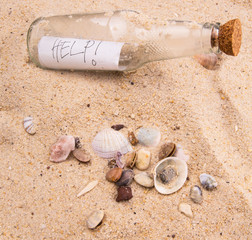 Concept image of a messge HELP in a bottle