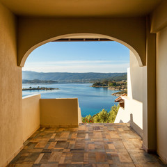 Fototapeta na wymiar Sea view from apartment in the luxury hotel, Halkidiki, Greece