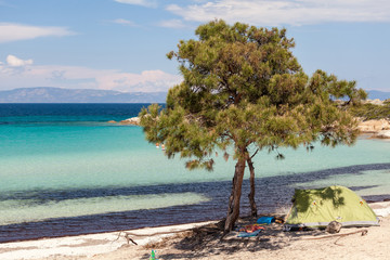 Beautiful panorama of Karidi beach in Vourvourou, Sithonia, Gree