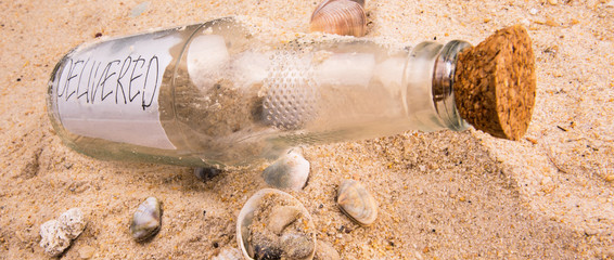 Concept image of a messsage DELIVERED in a bottle