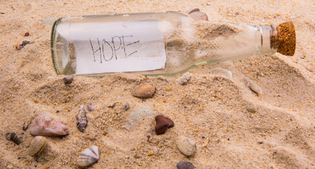 Concept image of a message HOPE in a bottle