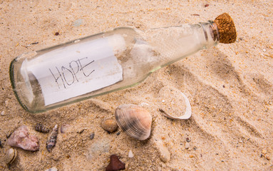 Concept image of a message HOPE in a bottle
