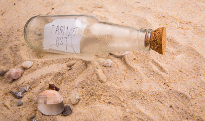 Concept image of a message I AM NOT LOST in a bottle