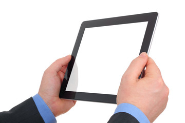 hands holding digital frame with blank screen.