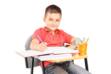 Schoolboy writing in a notebook