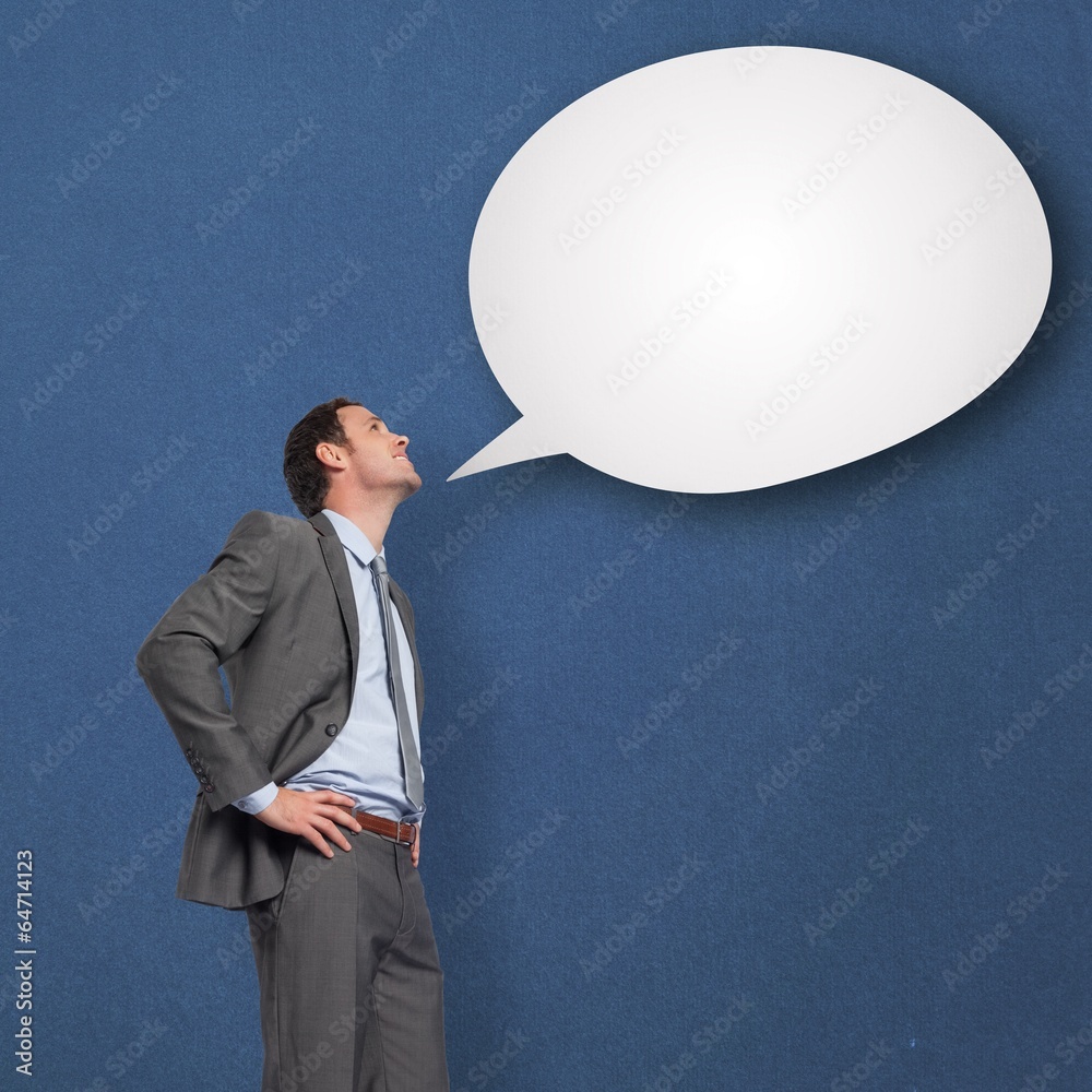 Poster composite image of smiling businessman with hands on hips
