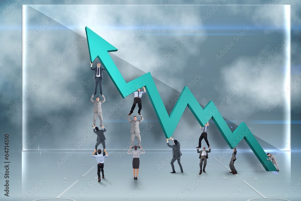 Poster composite image of business team holding up arrow
