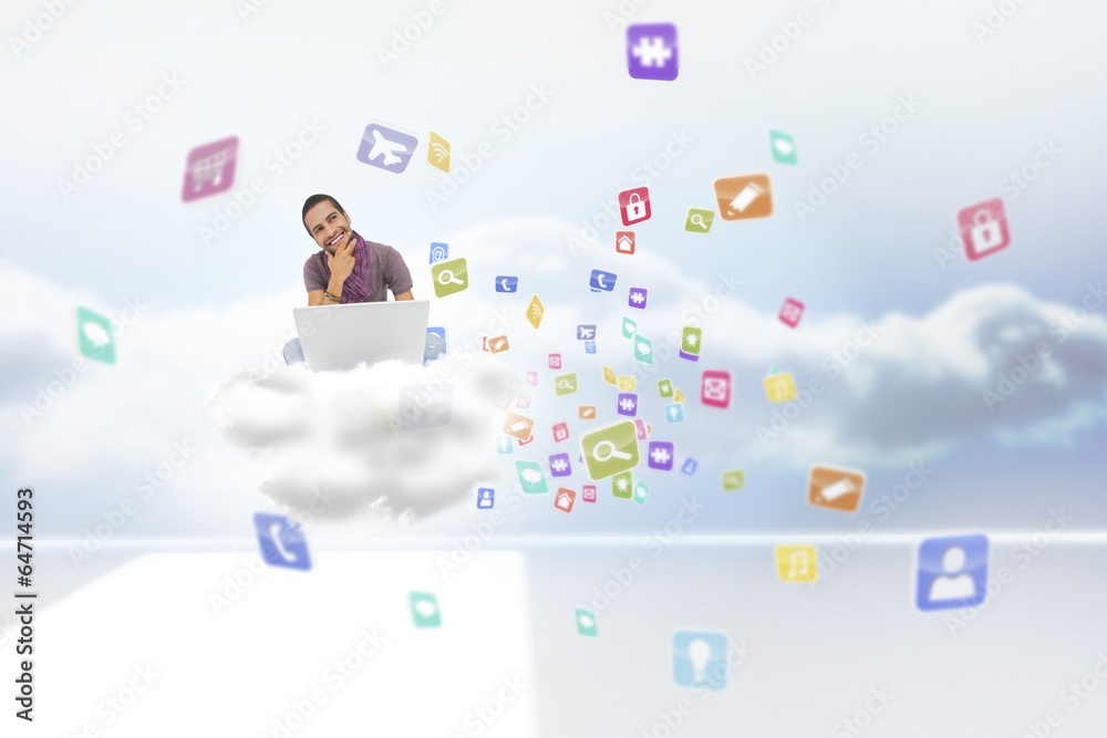 Poster Composite image of thinking man sitting on floor using laptop an