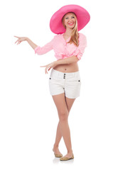 Young model i panama hat pressing virtual buttons isolated on wh