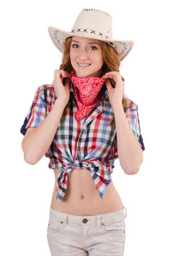 Redhead smiling  cowgirl isolated on white