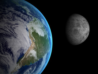 Naklejka premium 3D rendering Earth and Moon on a black background, high resolut