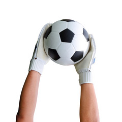 Goalkeeper's hands catching soccer ball on white background path