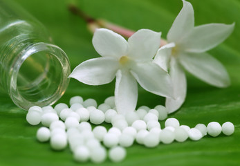 Homeopathy globules with herbal flower - obrazy, fototapety, plakaty