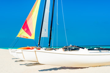 Sailboats with colorful sails on a tropical beach