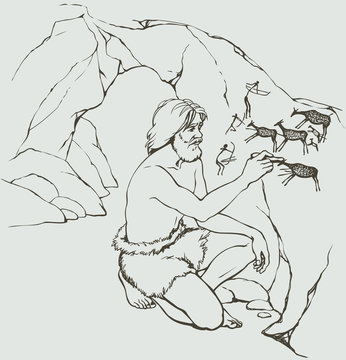 Vector picture. Primitive man draws on stone wall of cave
