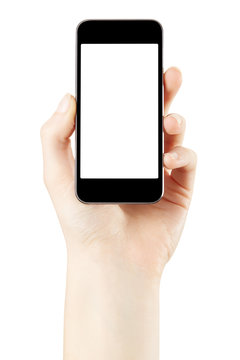 Hand holding smartphone on white, clipping path