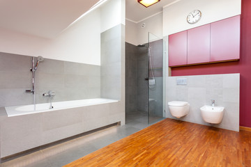 Fototapeta na wymiar Red and grey modern bathroom
