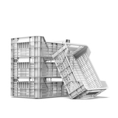 Four empty white crates