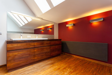 Interior of modern, wooden bathroom