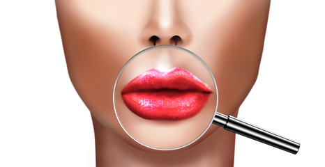 Plastic surgery concept with woman lips magnified