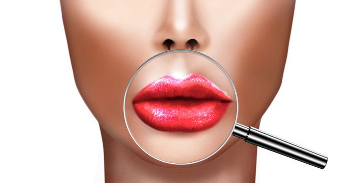 Plastic surgery concept with woman lips magnified