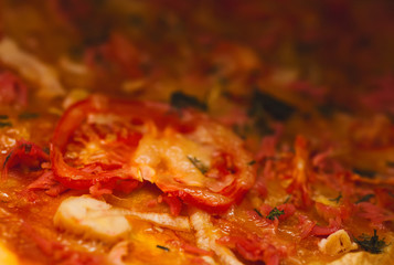 closeup piece of tomato pizza