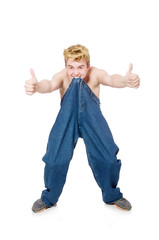 Funny man with trousers isolated on white