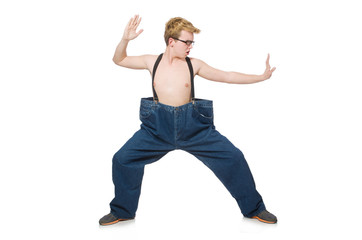 Funny man with trousers isolated on white