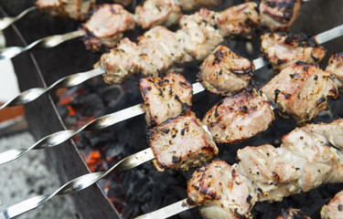 Meat fried on a skewer