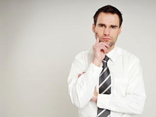 Thinking man at white shirt, left you can write some text