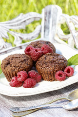 Muffins with fresh raspberries on wooden tray in the garden