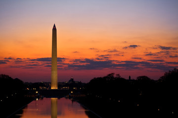 Washington Monument at Sunrise Across Reflecting Pool