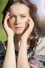 Obraz premium Portrait of Beautiful Romantic Girl Outdoors. Model With Long Ha