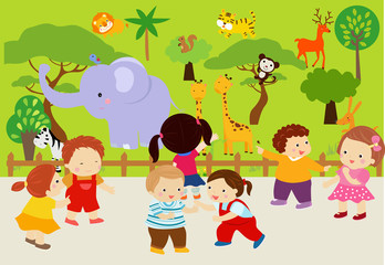 Obraz na płótnie Canvas Kids playing in the zoo