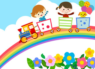 Naklejka premium Cute train with kids and dog