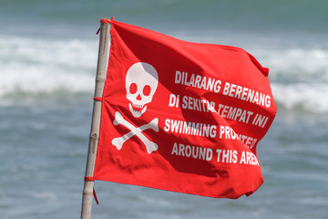 Red Flag with No Swimming Sign .