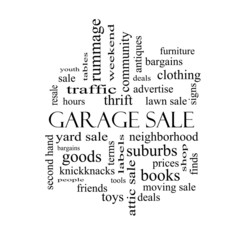 Garage Sale Word Cloud Concept in black and white