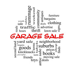 Garage Sale Word Cloud Concept in red caps