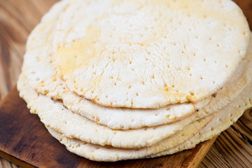 Stack of corn tortillas, close-up, horizontal shot