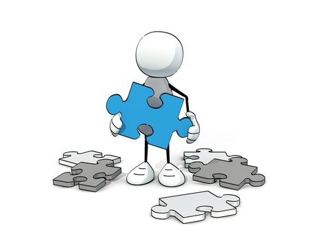 little sketchy man with a blue piece of puzzle