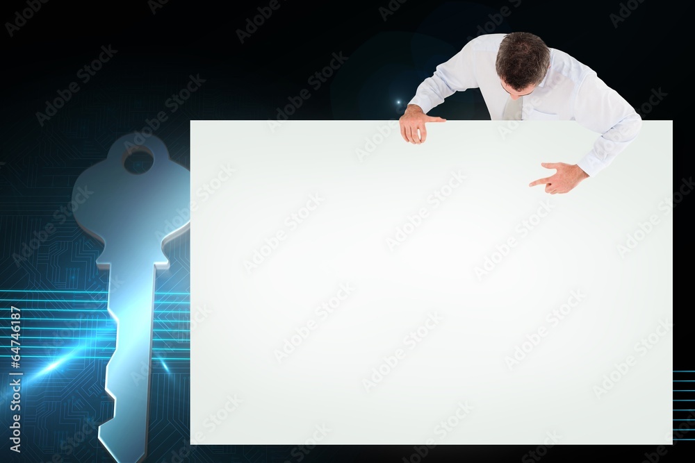 Poster composite image of businessman showing card