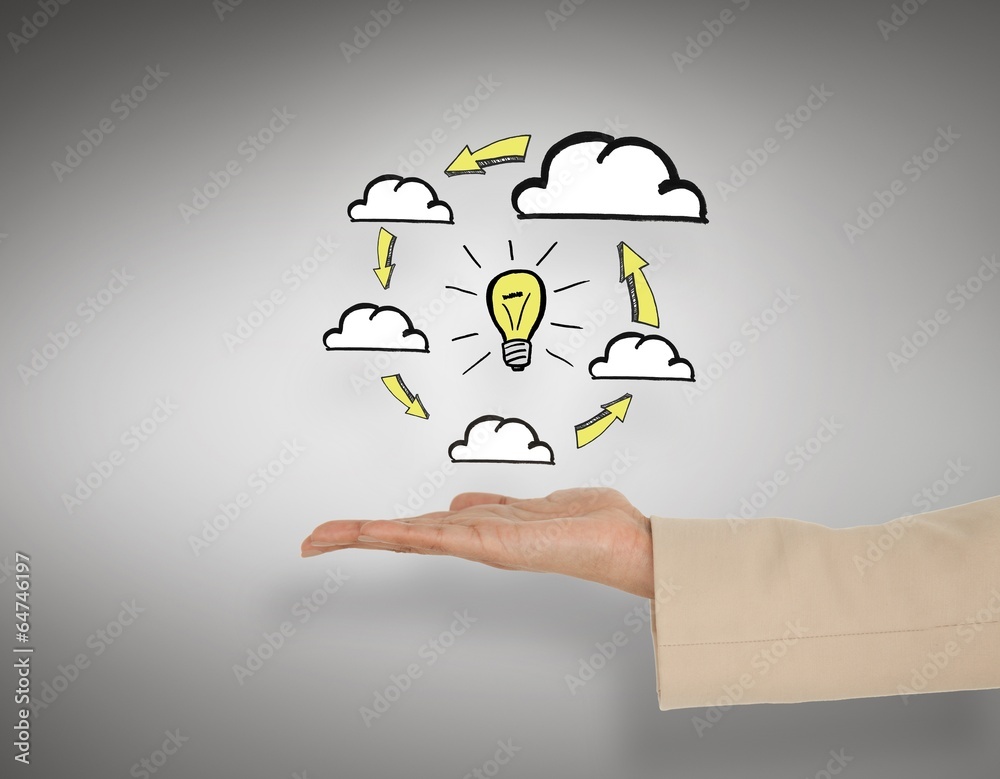 Poster composite image of female hand presenting cloud computing graphi