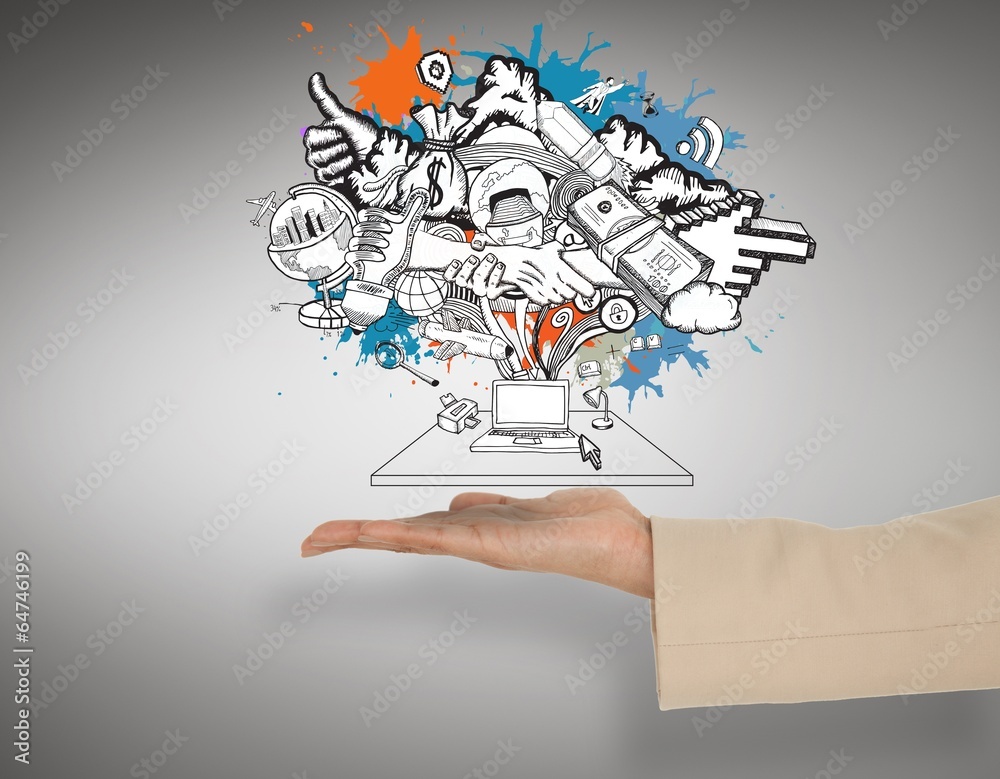 Poster composite image of female hand presenting computer brainstorm