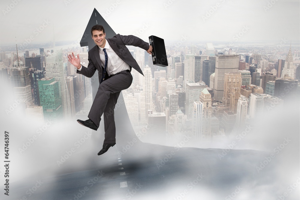 Poster composite image of smiling businessman in a hurry