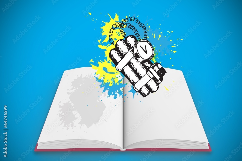 Aufkleber Composite image of dynamite on paint splashes on open book