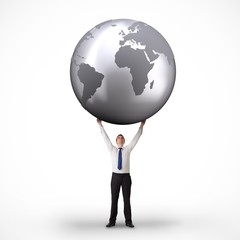 Composite image of businessman holding globe