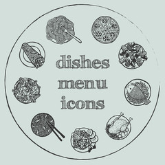 Dishes menu hand-drawn icon set