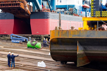 A ship being pulled on a dry dock, Holland