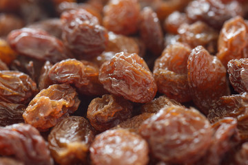 Detail of a pile of raisins shot with selective focus