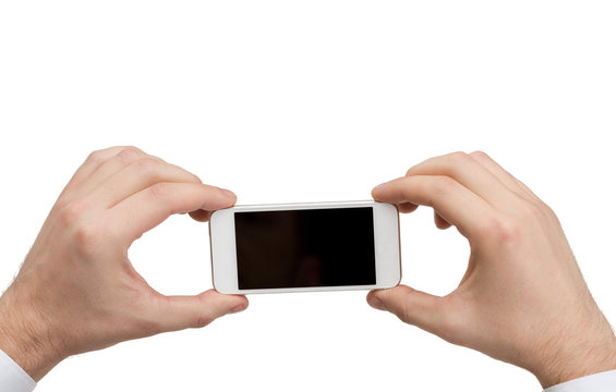 close up of man hands holding smartphone